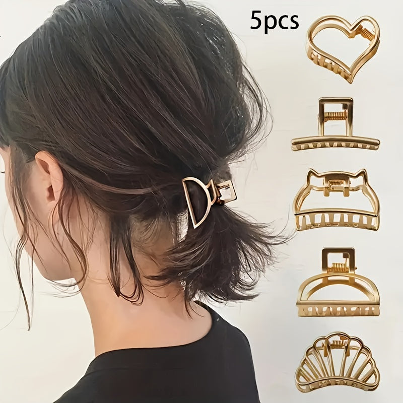 5-Pack Gold-Tone Heart Hair Clips — Sparkling Metal Hairpins with Cut-Out Design for Women, Casual & Formal
