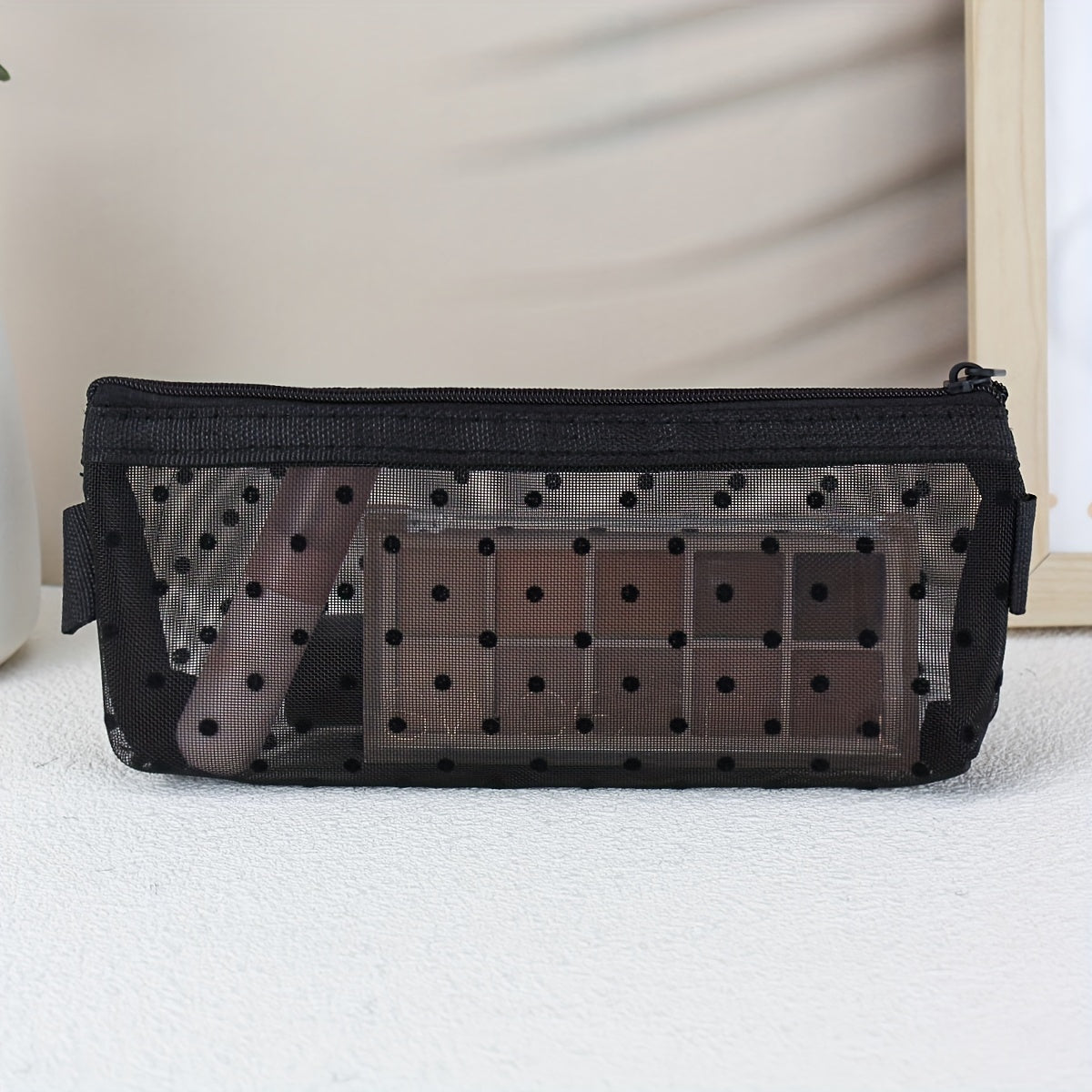 Women's Clear Travel Makeup Organizer Bag - Mesh Cosmetic & Toiletry Pouch with Heart Design & Brush Holder