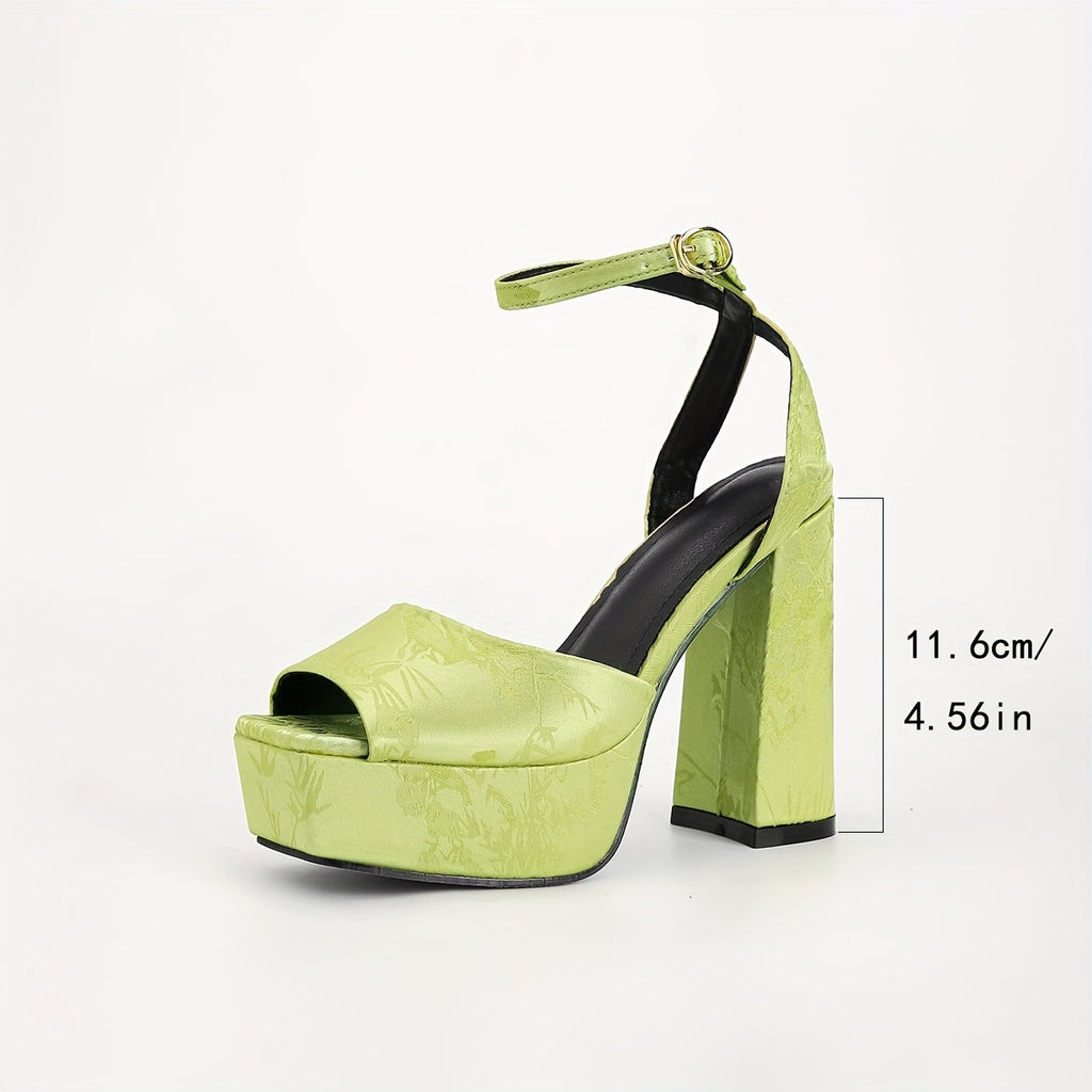 Vintage Chinese Style Women's High Heel Sandals - 4.7 in (12 cm) Block Heel, Chunky Square Toe T-Strap, Fish-Mouth Cross Buckle, Satin Print Rubber Sole