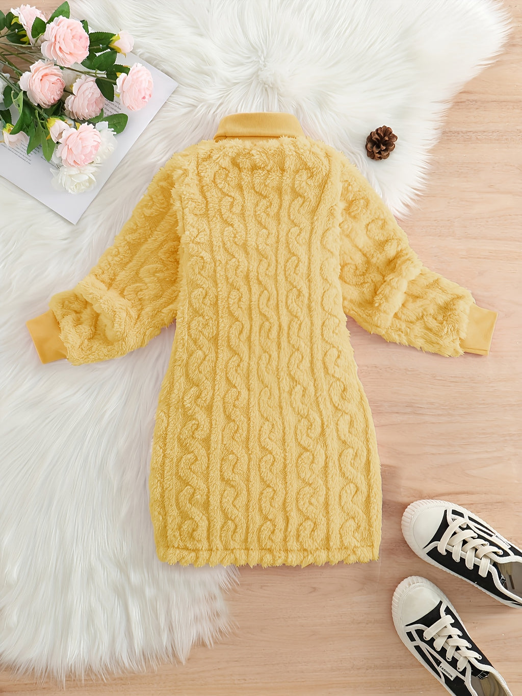 Girls' Mustard Yellow Fleece Cable Knit Dress - Long Sleeve Casual Fall/Winter, Machine Washable