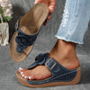 Women's Summer Wedge Sandals - Thick-Soled Platform Flip-Flops with Adjustable Back Strap and Retro Floral Accent