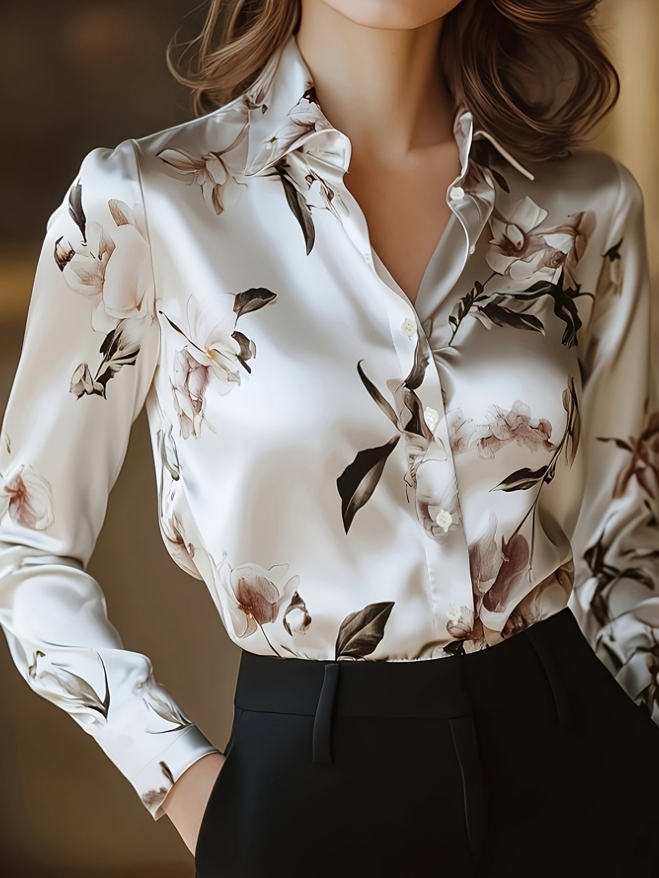 Graceful Women's Floral Print Blouse – Long Sleeve Button-Up with Classic Lapel Collar & Applique, Woven Polyester