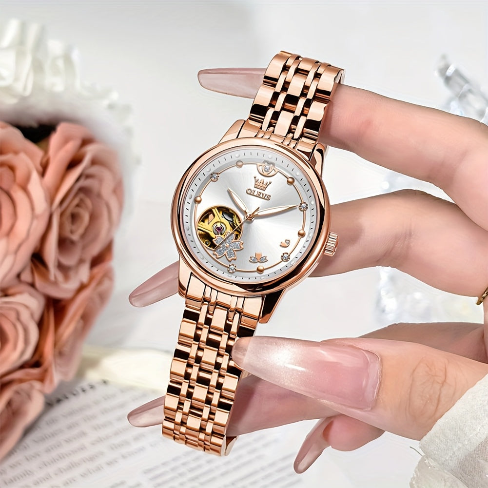 OLEVS Women's Automatic Mechanical Watch – Rose Gold Stainless Steel, Luminous Hands, Chronograph & 24-Hour Display – Luxury Dress Watch, No Battery