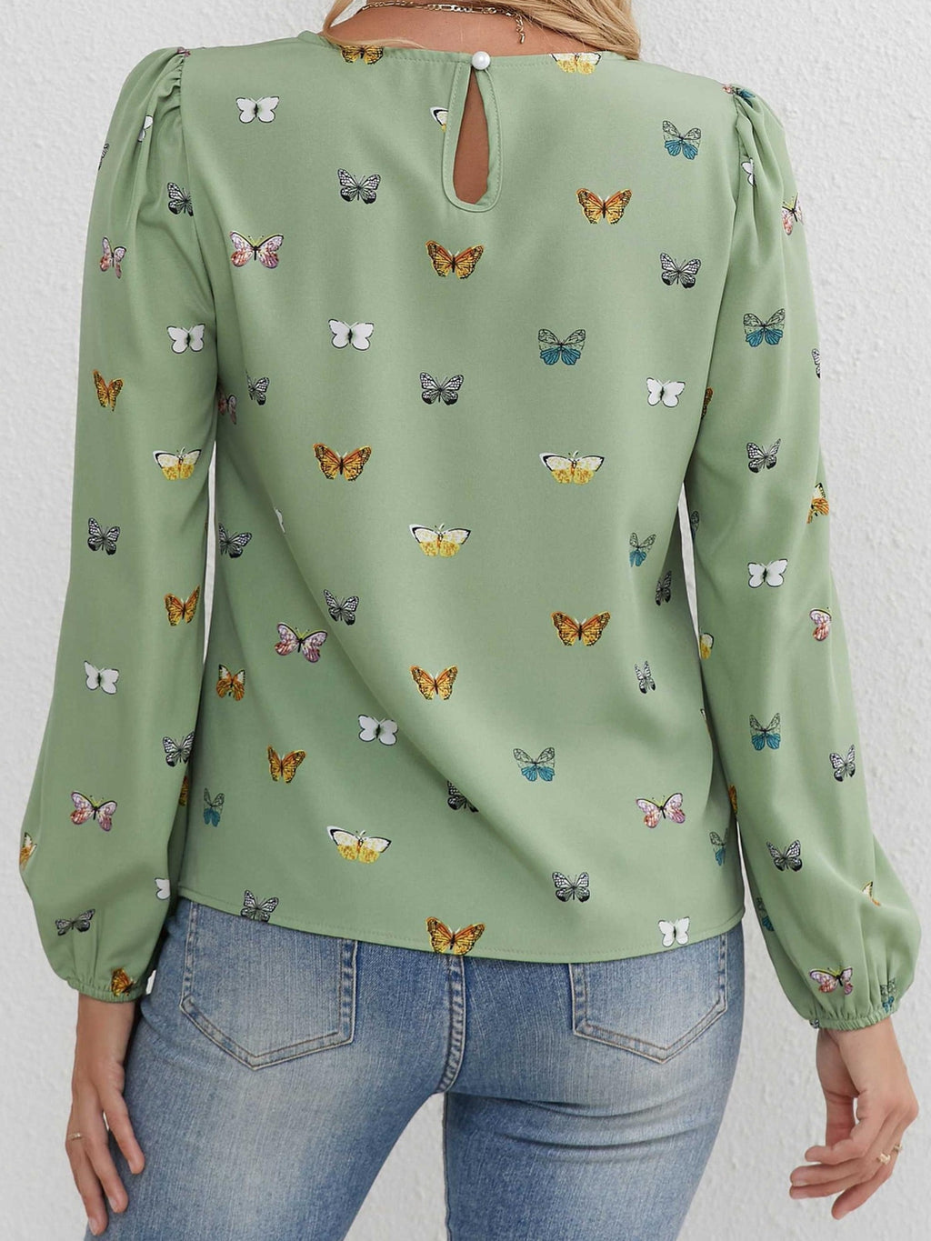 Women's Light Green Butterfly Print Blouse Long Sleeve Ruffle Crew Neck Top for Spring Summer Fall