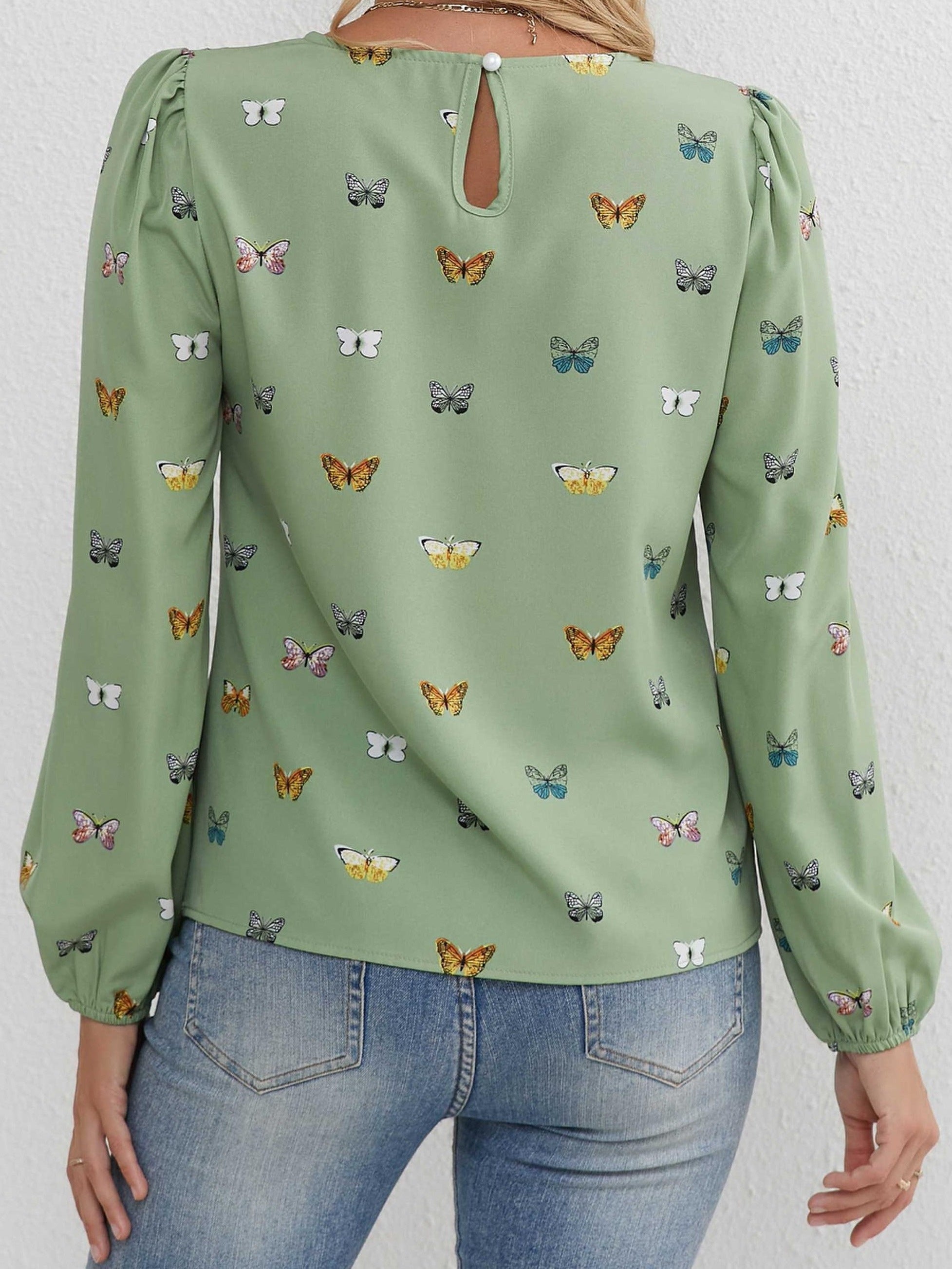 Women's Light Green Butterfly Print Blouse Long Sleeve Ruffle Crew Neck Top for Spring Summer Fall