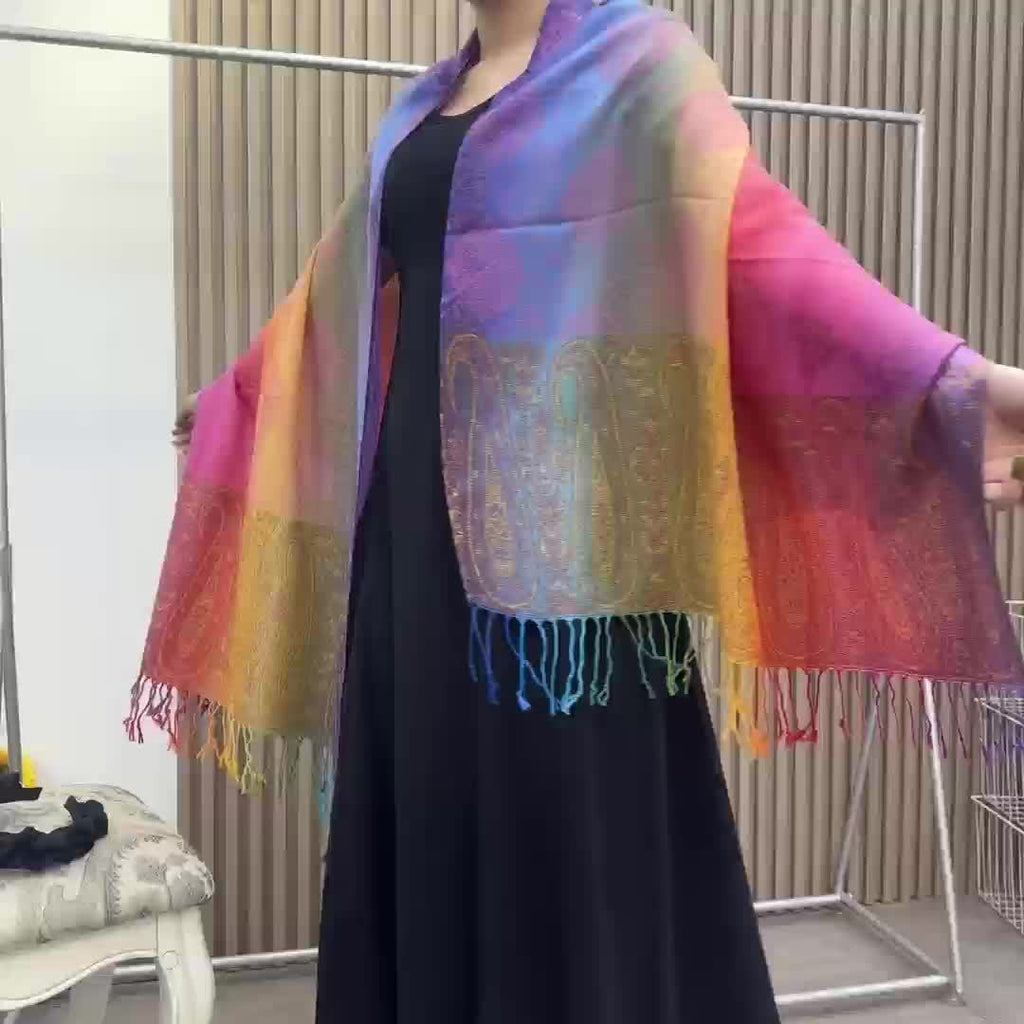 Colorful Willow Leaf Tassel Square Scarf - Women's Autumn & Winter Warm Ethnic Print Shawl