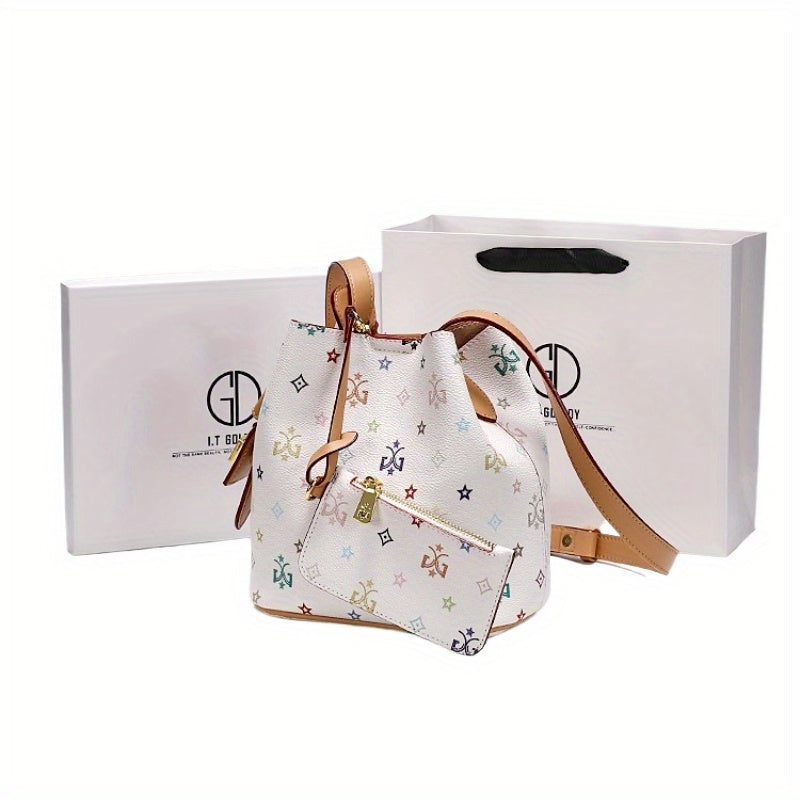 Women's Convertible Bucket Bag – Split Leather Crossbody Handbag with Adjustable Strap, Buckle Closure, Coffee Brown & Beige