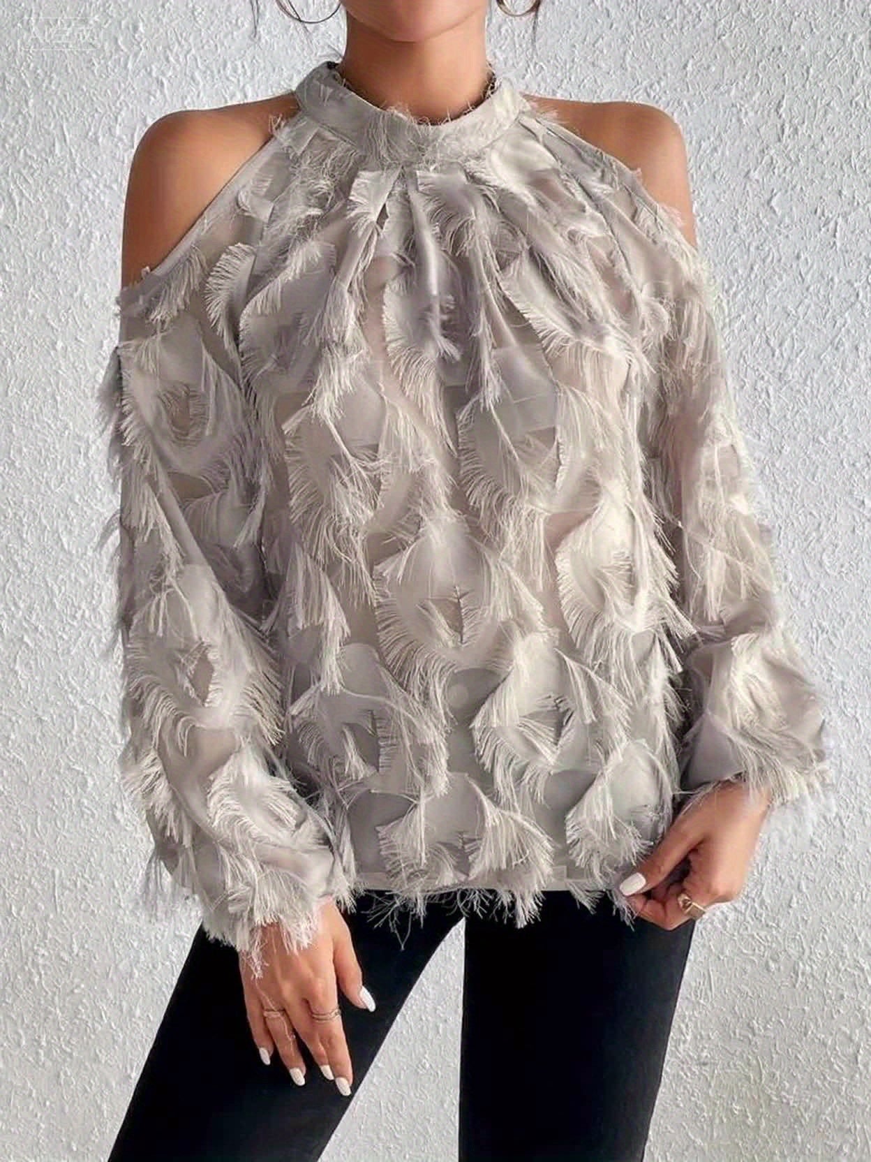 Women's Plush-Like Ruffled Long Sleeve Semi-Sheer Blouse - Round Neck Pullover Top for Casual & Formal Wear