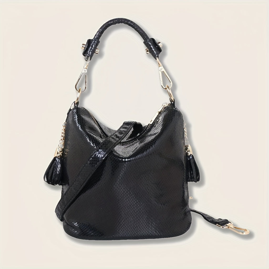 Snakeskin Faux Leather Shoulder Bag for Women - Adjustable Strap Tassel Zippered Handbag Black and Gold