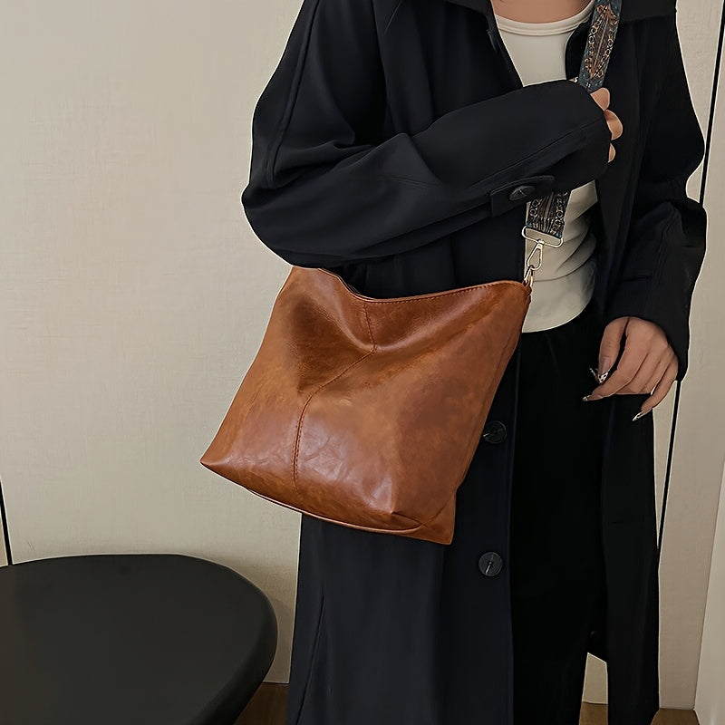 DISSEFA-TECH Women's Bucket Bag with Wide Floral Strap — Small Crossbody Shoulder Bag with Zipper & Polyester Lining, Removable Strap, Brown/Black