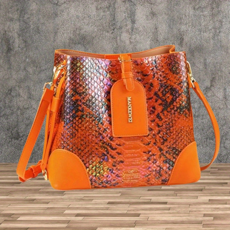 Women's Snake-Print Split Leather Crossbody Bucket Bag - Large Capacity, Adjustable Strap & Buckle Closure (Red, Khaki, Yellow, Blue, Green)