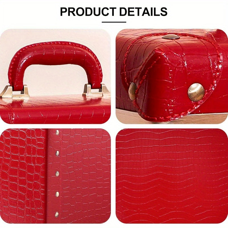 Retro Leather-Look Makeup Train Case with Combination Lock — 12.5 in (32 cm) Red Crocodile Cosmetic Organizer