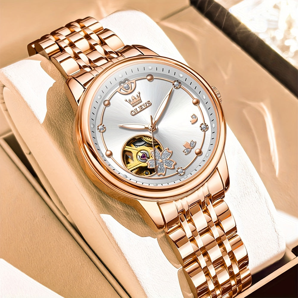 OLEVS Women's Automatic Mechanical Watch – Rose Gold Stainless Steel, Luminous Hands, Chronograph & 24-Hour Display – Luxury Dress Watch, No Battery
