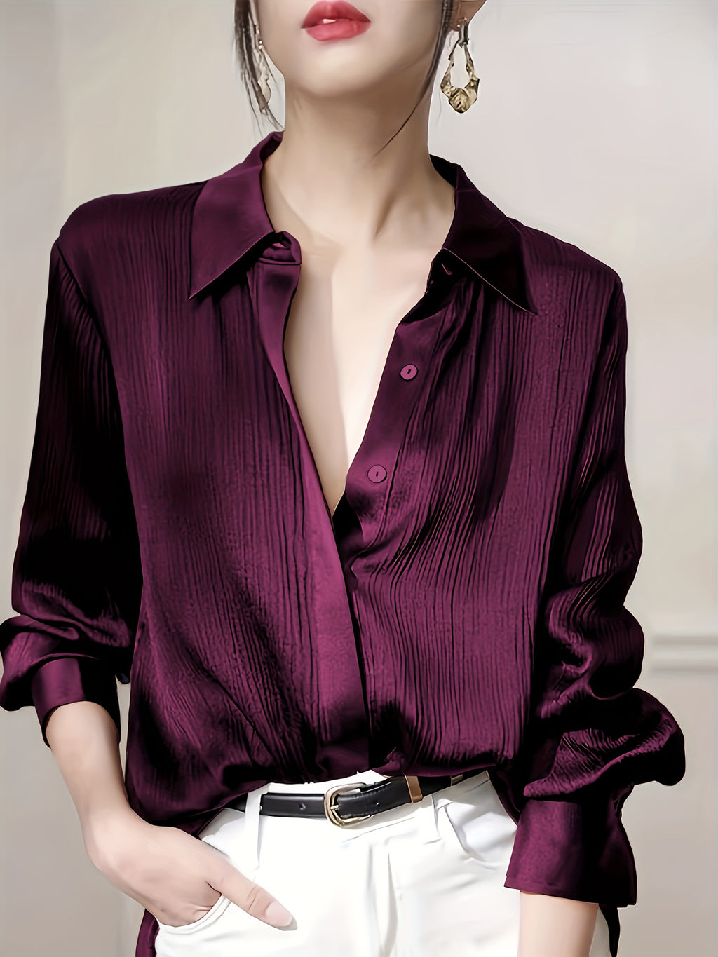 Women's Black Satin-Finish Button-Up Shirt, 100% Polyester Long Sleeve, Regular Fit, Machine Washable