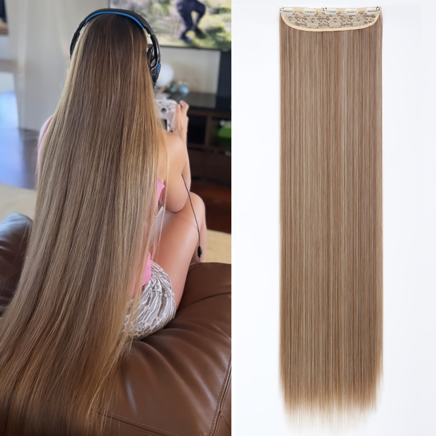 Long Straight Clip-In Hair Extension for Women – One-Piece Synthetic Ponytail Hairpiece, Seamless Natural-Looking Claw Clip