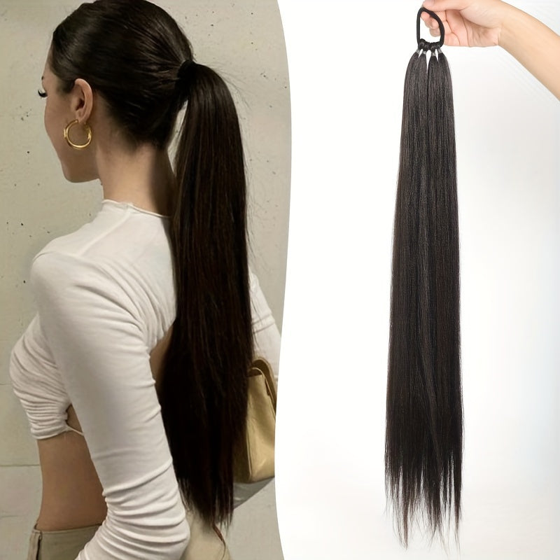 28-Inch (71 cm) Long Straight Synthetic Ponytail Extension, Wrap-Around Boxing Braid with Elastic Hair Ring for DIY