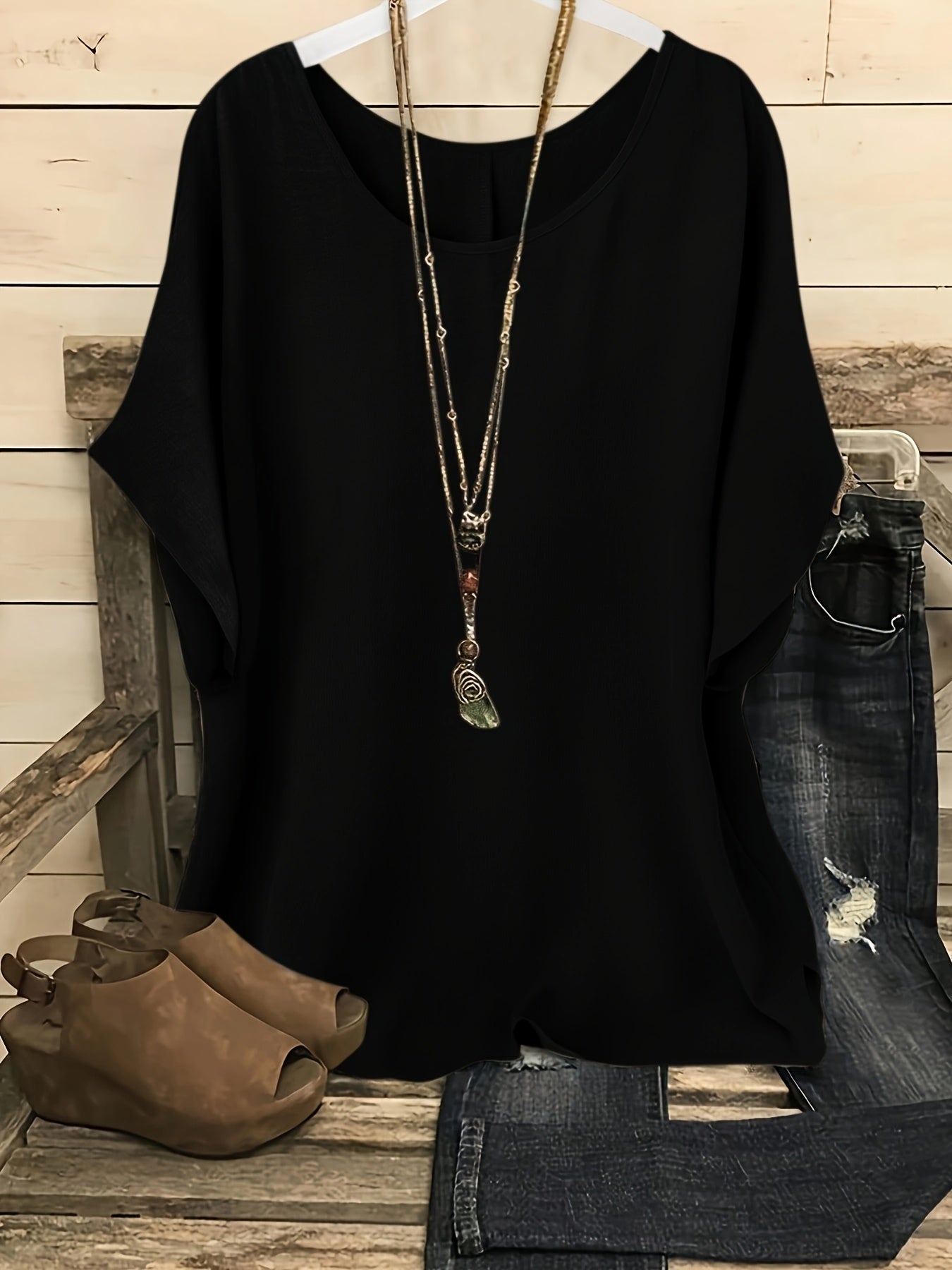 Plus Size Women's Casual Summer Batwing Sleeve Blouse - Olive Green Round Neck Short Sleeve