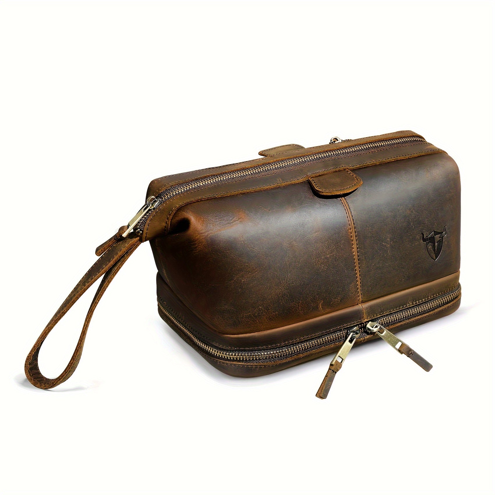 Top-Grain Cowhide Leather Men's Retro Dopp Kit Toiletry Bag – Zippered Multi-Compartment