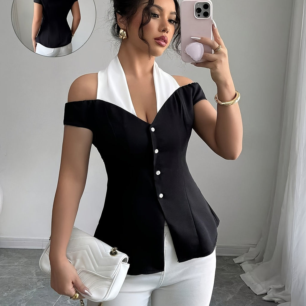 Women's Black & White Off-Shoulder V-Neck Blouse - Short Sleeve Elegant Knit Top for Summer Casual