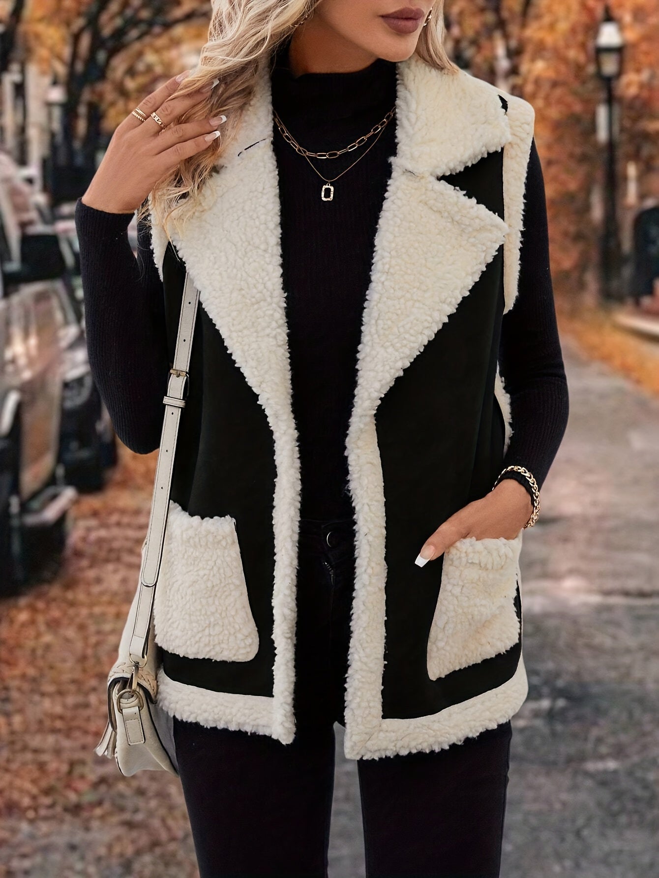 Women’s Faux Leather Mixed-Media Lapel Vest with Faux Fur Lining and Zip Pockets — Sleeveless Warm Fall Winter Vest