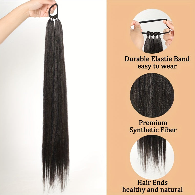 28-Inch (71 cm) Long Straight Synthetic Ponytail Extension, Wrap-Around Boxing Braid with Elastic Hair Ring for DIY