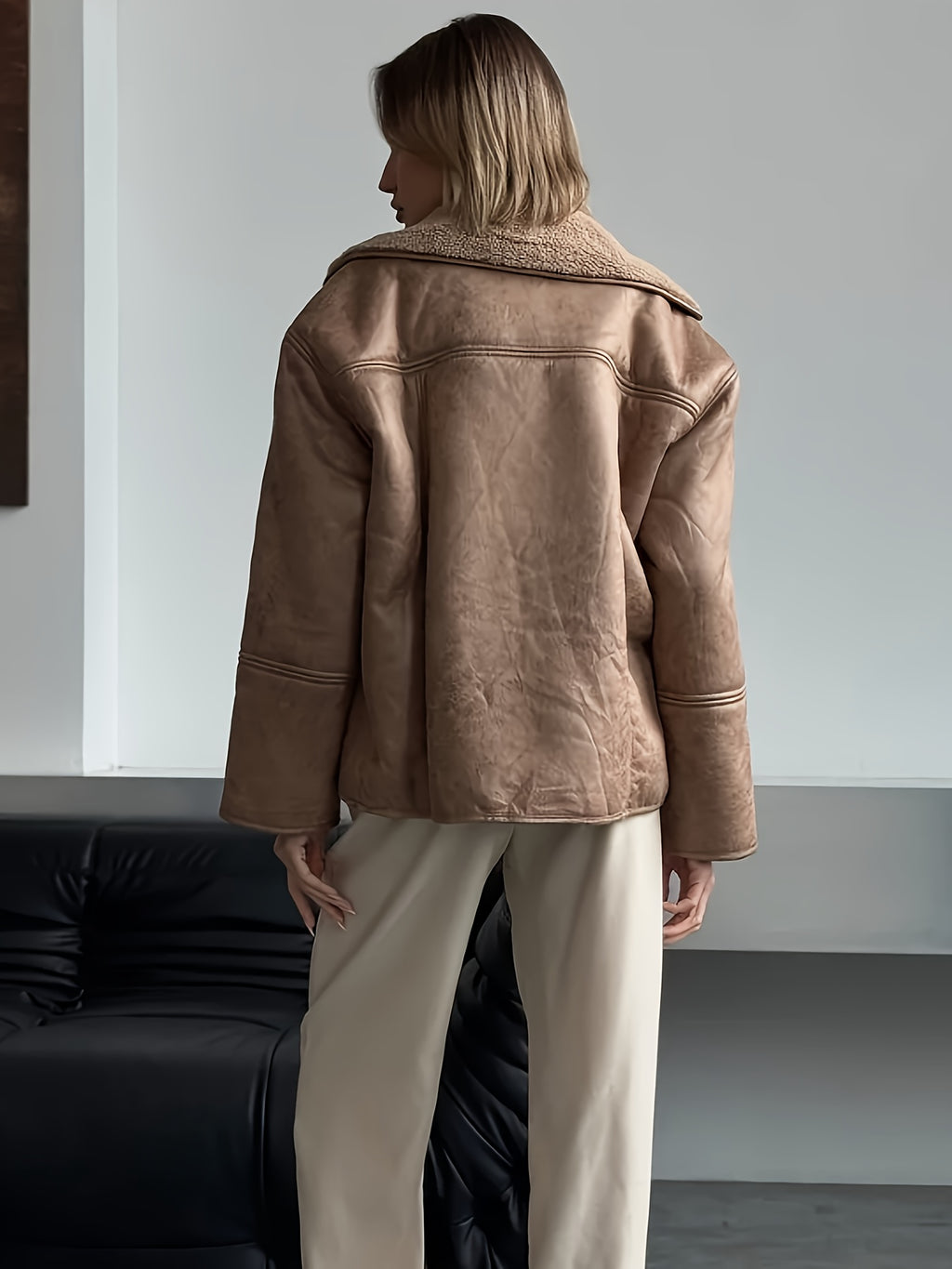 Women’s Cream Faux Fur-Lined PU Leather Jacket — Thick Winter Coat with Turtleneck, Asymmetrical Hem & Side Pockets