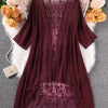 Plus Size Floral Embroidered Kimono Cardigan - Lace Trim Midi Cape, Long Sleeve Semi-Sheer