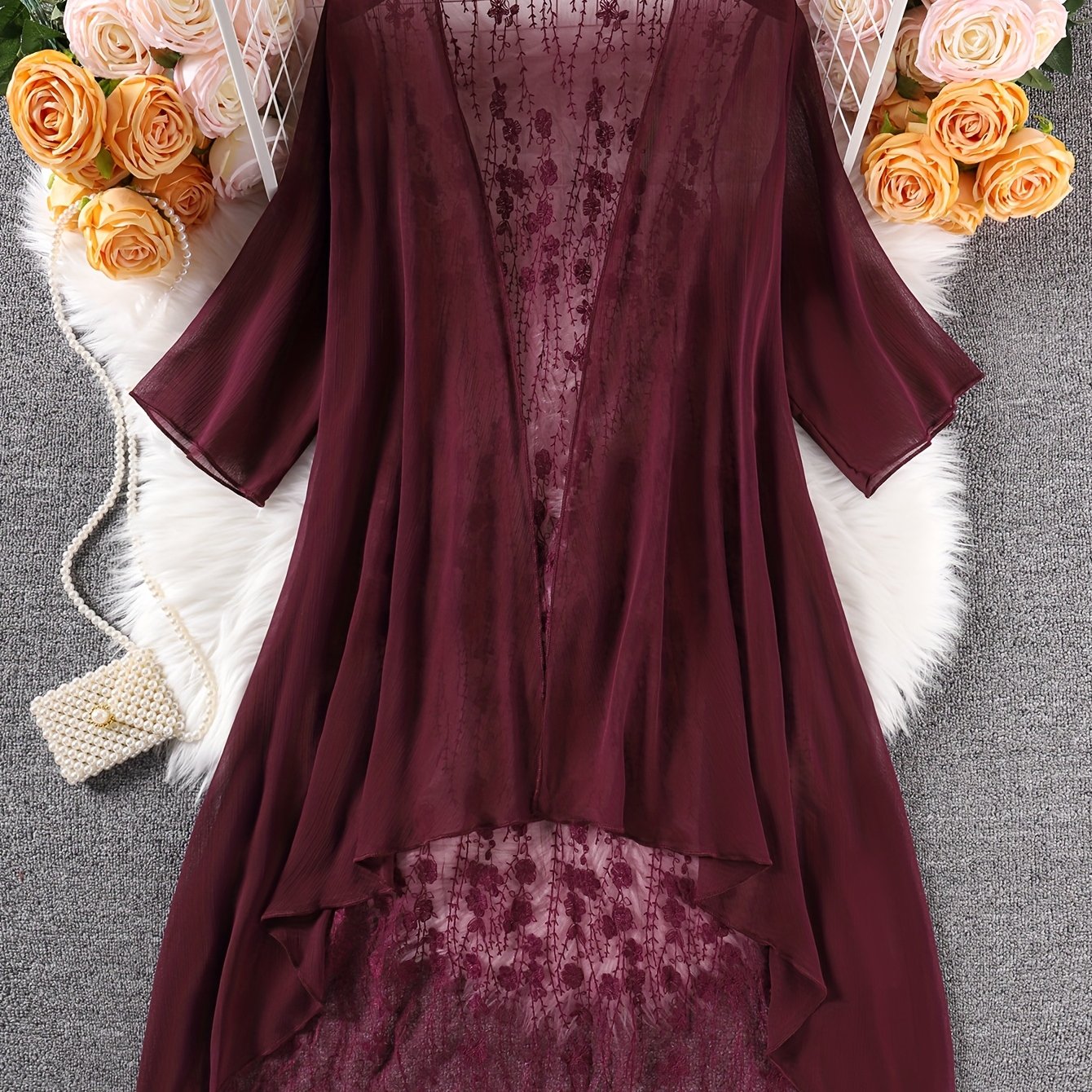 Plus Size Floral Embroidered Kimono Cardigan - Lace Trim Midi Cape, Long Sleeve Semi-Sheer