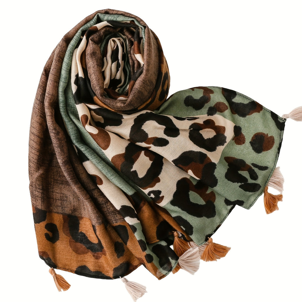 Multicolor Leopard Print Colorblock Tassel Scarf - Lightweight Women's Shawl & Headscarf