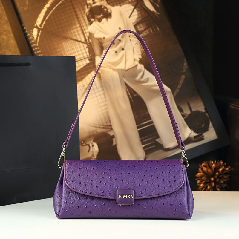 Purple Ostrich-Pattern Split Leather Baguette Bag – Vintage Women's Handbag with Removable Strap