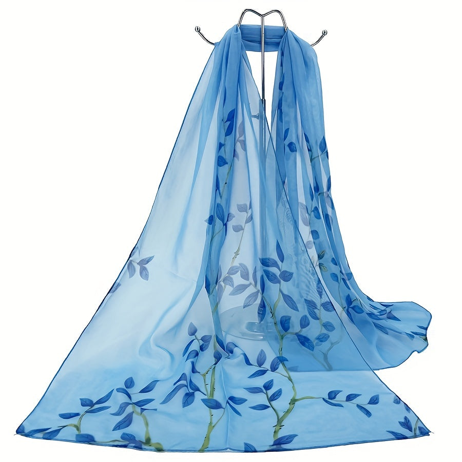 Sheer Bamboo Leaf Chiffon Shawl Scarf – Lilac & Green Lightweight Wrap for Beach, Wedding & Party, 59 x 19 in (150 x 50 cm)