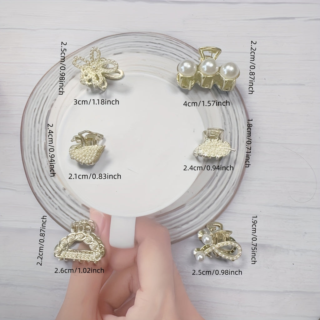 6-Pack Women's Metal Hair Claw Clips with Faux Pearls & Rhinestones, Elegant Boho Set