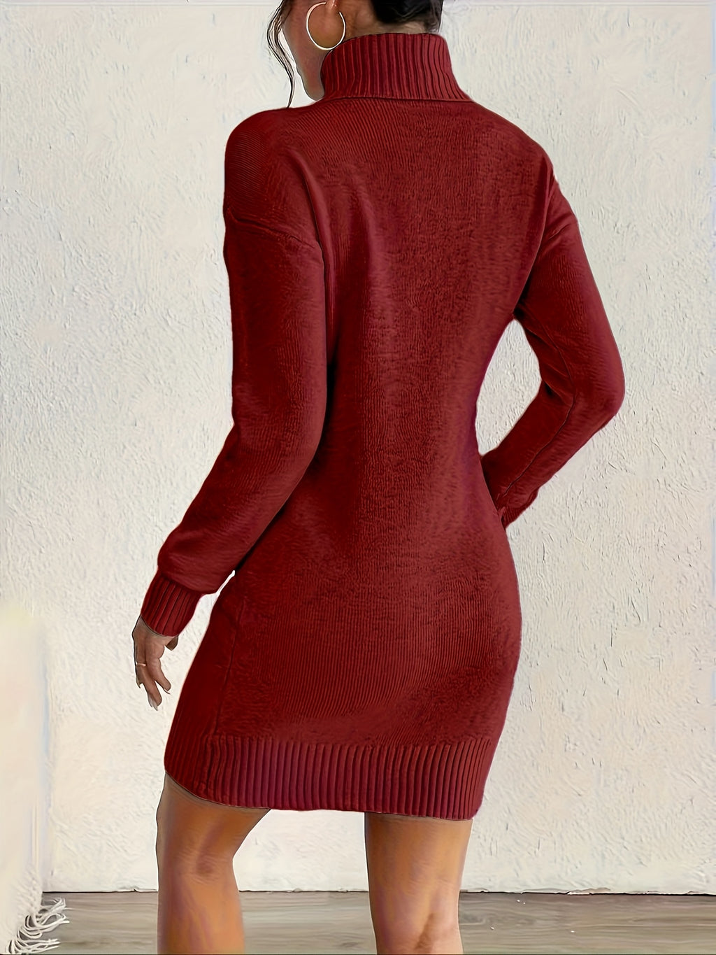 Women's High-Neck Knit Sweater Dress - Elegant Solid Fall/Winter