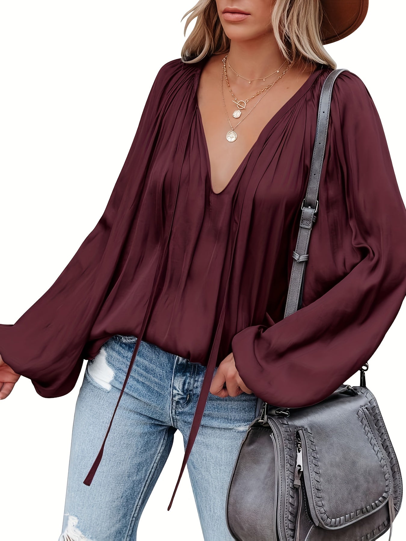 Women's Red V-Neck Long Sleeve Blouse — Elegant Office & Party Top, Machine Washable