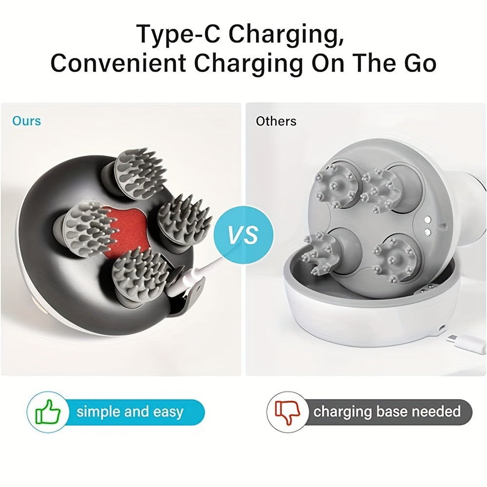 USB Rechargeable Hanging Rope Scalp Massager – 5-in-1 Kneading, 96 Massage Nodes, Handheld Portable Head Scratcher & Deep Hair Cleaner, Silvery