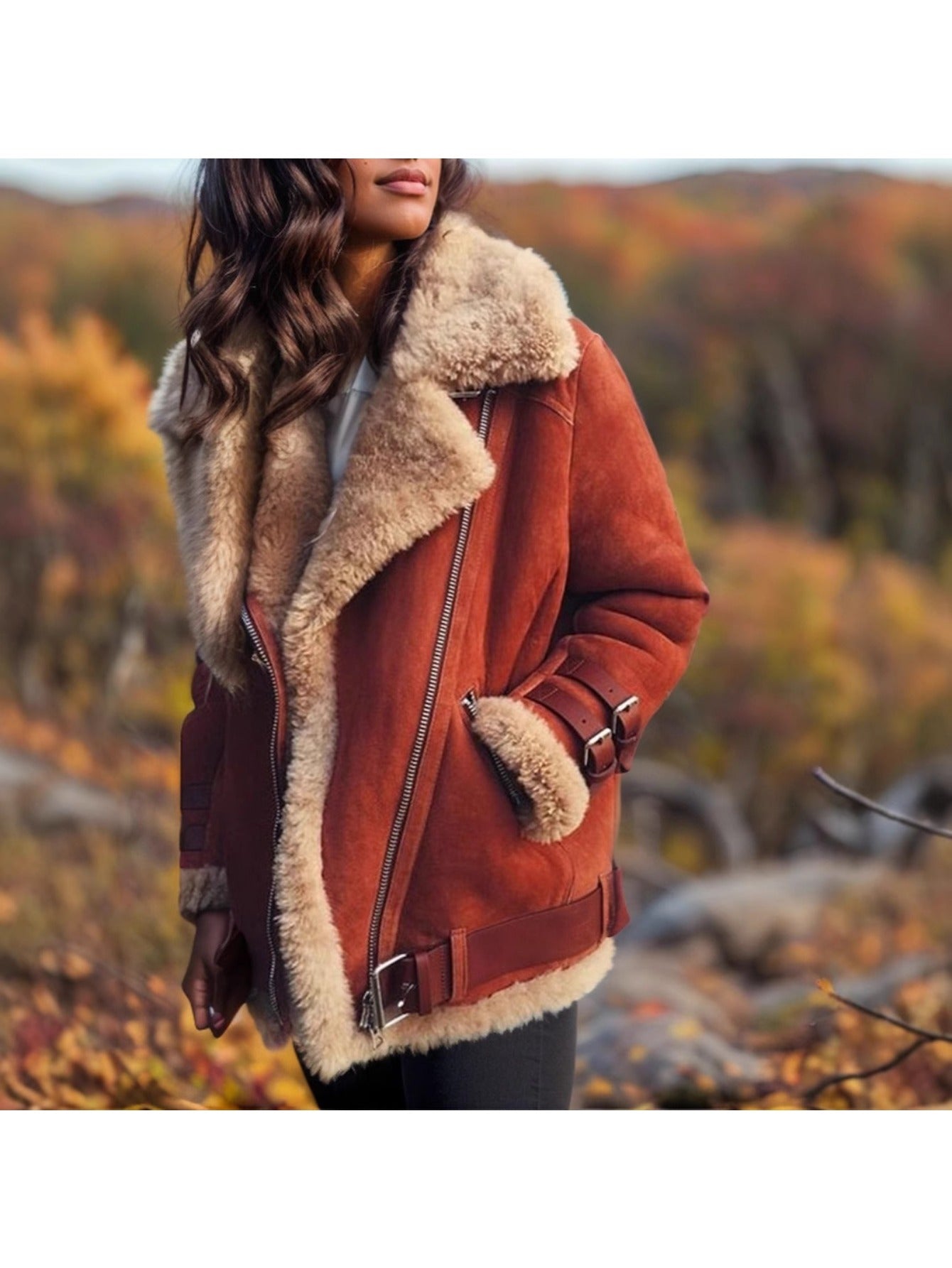 AFTF BASIC Women's PU Leather Biker Jacket with Faux Fur Trim — Slim-Fit Asymmetrical Zip Lapel Coat, Golden Hardware, Brown/Black, Hand Washable