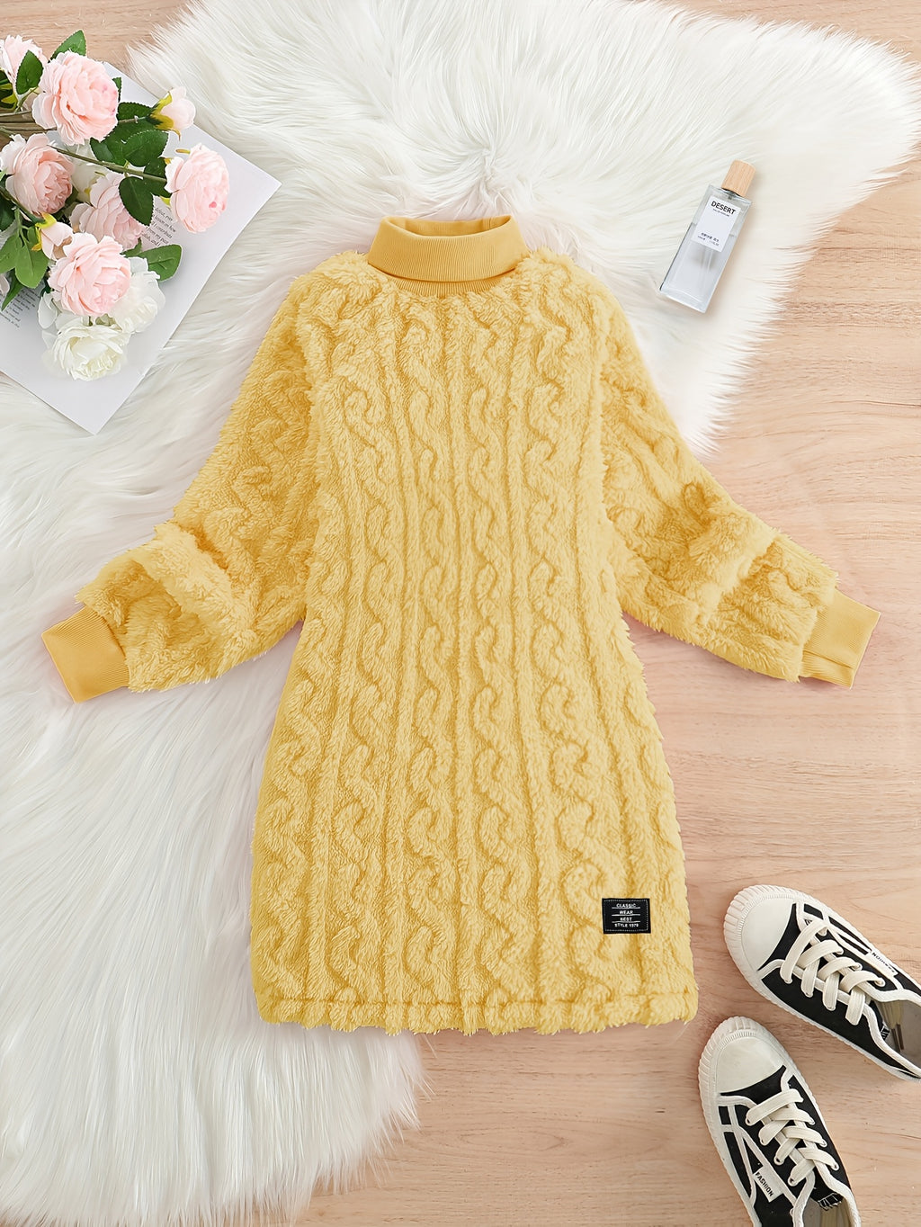 Girls' Mustard Yellow Fleece Cable Knit Dress - Long Sleeve Casual Fall/Winter, Machine Washable