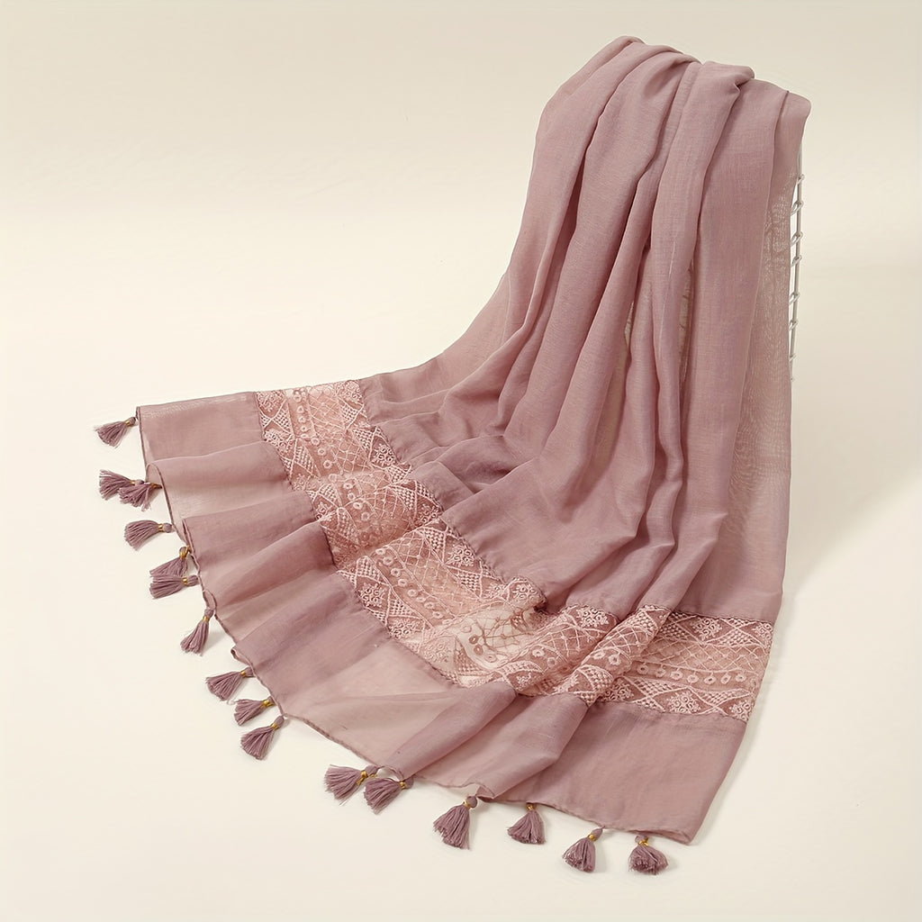 Embroidered Hollow Lace Tassel Scarf for Women — Elegant Lightweight Windproof Wrap for Cold Weather & Eid
