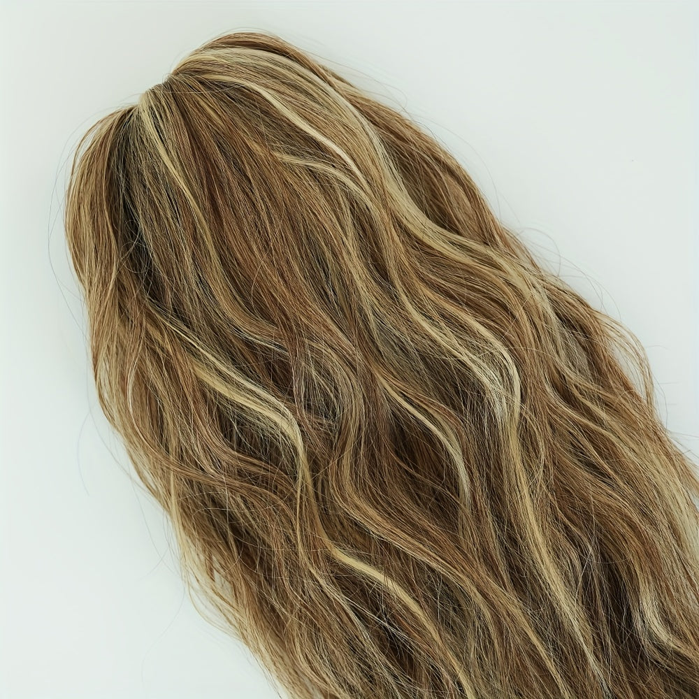 7JHH WIGS Water Wave Clip-In Ponytail Extensions – 18-inch (45 cm) Light Beige & Brown with Blonde Highlights, Natural Brown Roots, Heat-Resistant Synthetic for Volume & Length