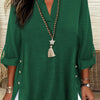 Plus Size Faux Denim Blouse with Decorative Buttons & Tassel Knot Front High-Low Hem Spring/Summer Polyester Blend