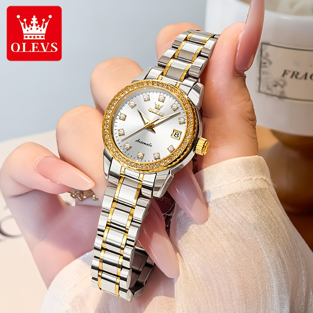 OLEVS Women's Automatic Mechanical Watch – Stainless Steel Bracelet, Luminous Dial & Date Window, Polished Formal Timepiece