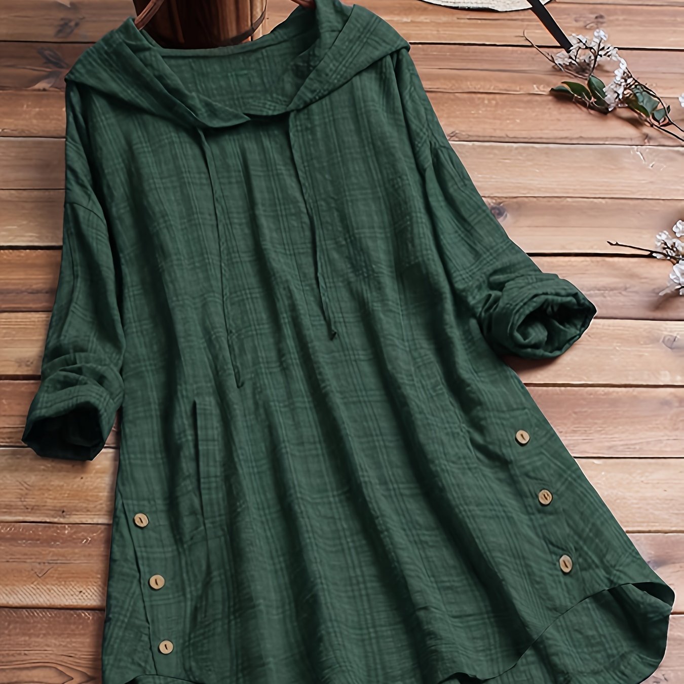 Women's Asymmetrical Plaid Hooded Shirt – Long-Sleeve Drawstring Waist-Tie Casual Blouse