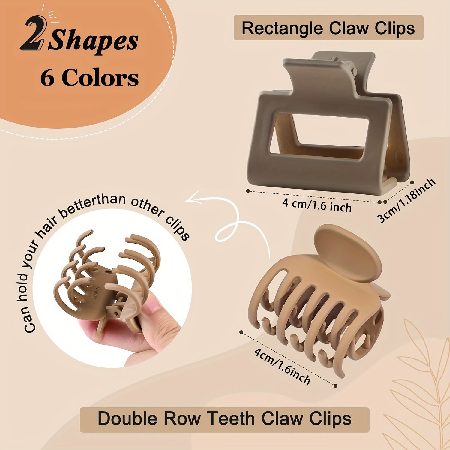 Medium 1.6 in (4.1 cm) Matte Rectangle Double-Row Hair Claw Clips for Thin to Medium Fine Hair – Non-Slip Jaw, Smooth Grip, 4-Pack or 8-Pack