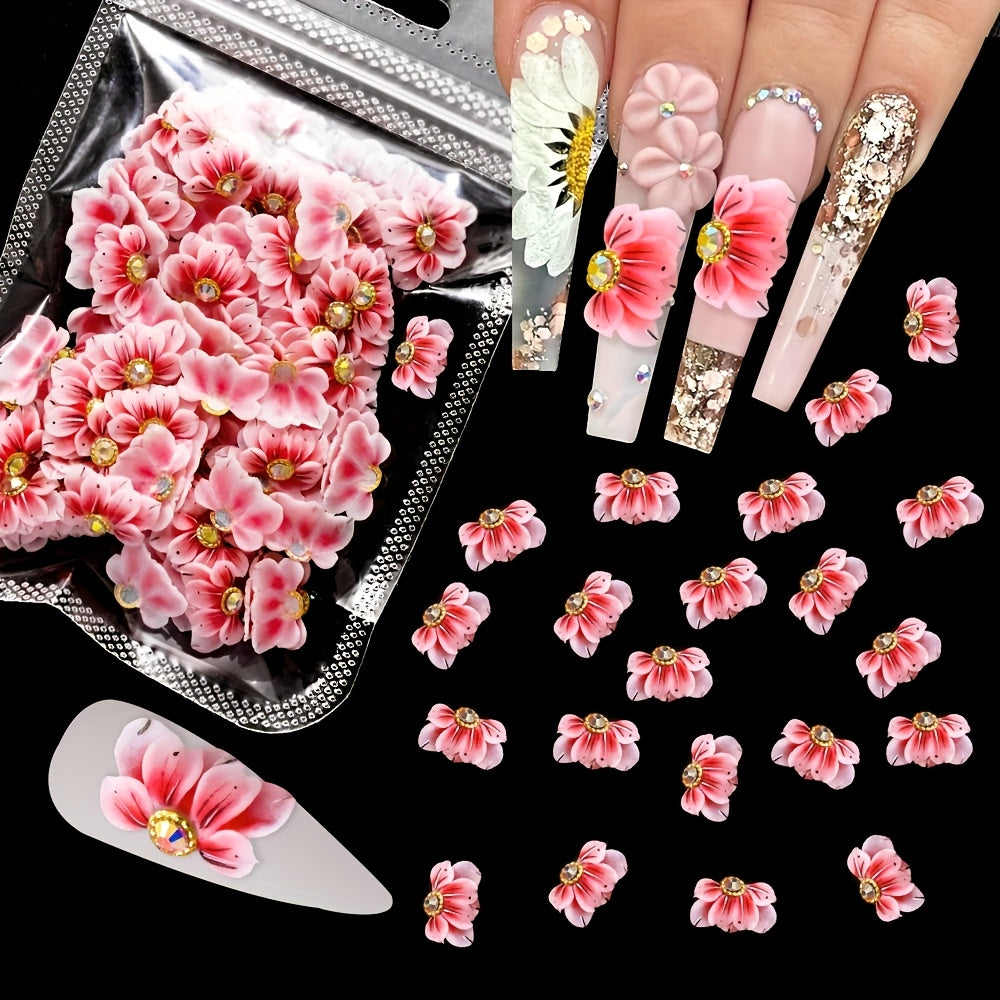 10-Pack 3D Acrylic Carved Flower Nail Art Charms Rhinestone Sculpted Cherry Blossom Nail Decorations