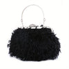 Feather Furry Kiss-Lock Clutch with Metal Chain and Rhinestone Frame — Elegant Evening Prom Cocktail Bag