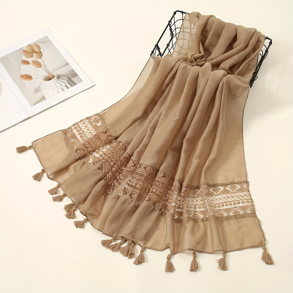 Embroidered Hollow Lace Tassel Scarf for Women — Elegant Lightweight Windproof Wrap for Cold Weather & Eid