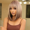 14-Inch (35 cm) Gray Ombre Brown Bob Wig with Bangs, Shoulder-Length Straight Hair, Rose Net Cap, Heat-Resistant Fiber
