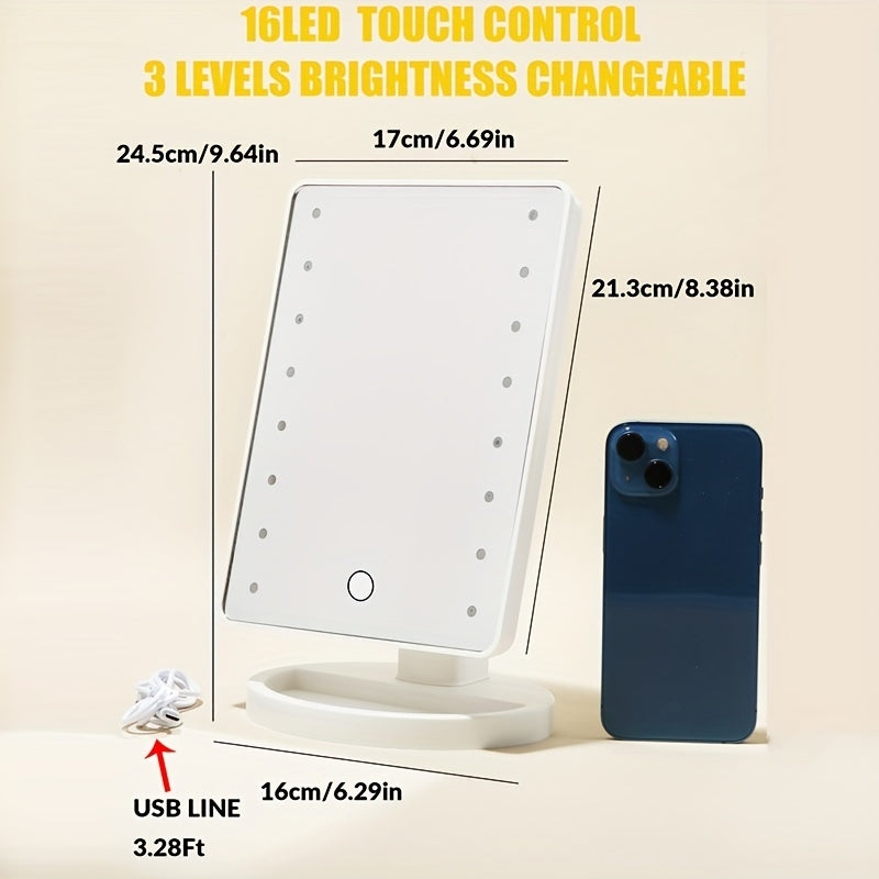 Portable Touchscreen LED Makeup Mirror — USB Powered, 3 Brightness Levels, Adjustable Desktop Vanity — Perfect Mother's Day Gift