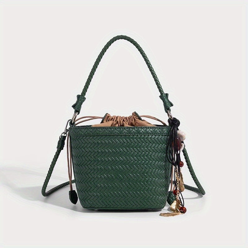 Woven Bucket Bag for Women - Drawstring Closure, Adjustable Shoulder Strap & Wristlet, Split Leather Carryall (White, Black, Burgundy, Coffee)
