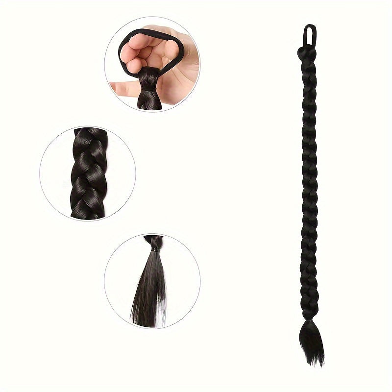 Box Braided Long Ponytail Extension for Women – Synthetic High-Temp Fiber with Elastic Hair Tie